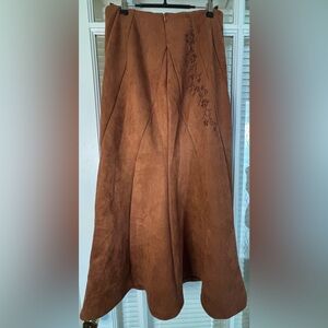 Cider Elegant Brown Embroidered Suede Skirt-Small